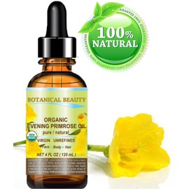 Botanical Beauty Organic EVENING PRIMROSE OIL 100% Pure Natural Undiluted Unrefined Virgin Cold Pressed Carrier Oil for face, skin, hair, nails (4 Fl Oz 120 ml)