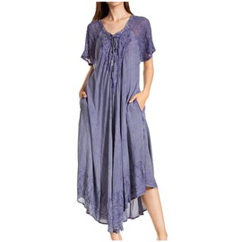 Sakkas 16603 - Egan Long Embroidered Caftan Dress/Cover Up with Embroidered Cap Sleeves - A-Indigo - OS