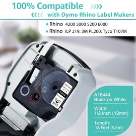 NineLeaf 10 Pack Compatible Industrial Tape Replacement for DYMO Rhino 18444 Black on White 12mm Vinyl Permanent Label Tapes 1/2" x 18' for Rhino 5200 4200 1000 3000 5000 6000 Label Makers