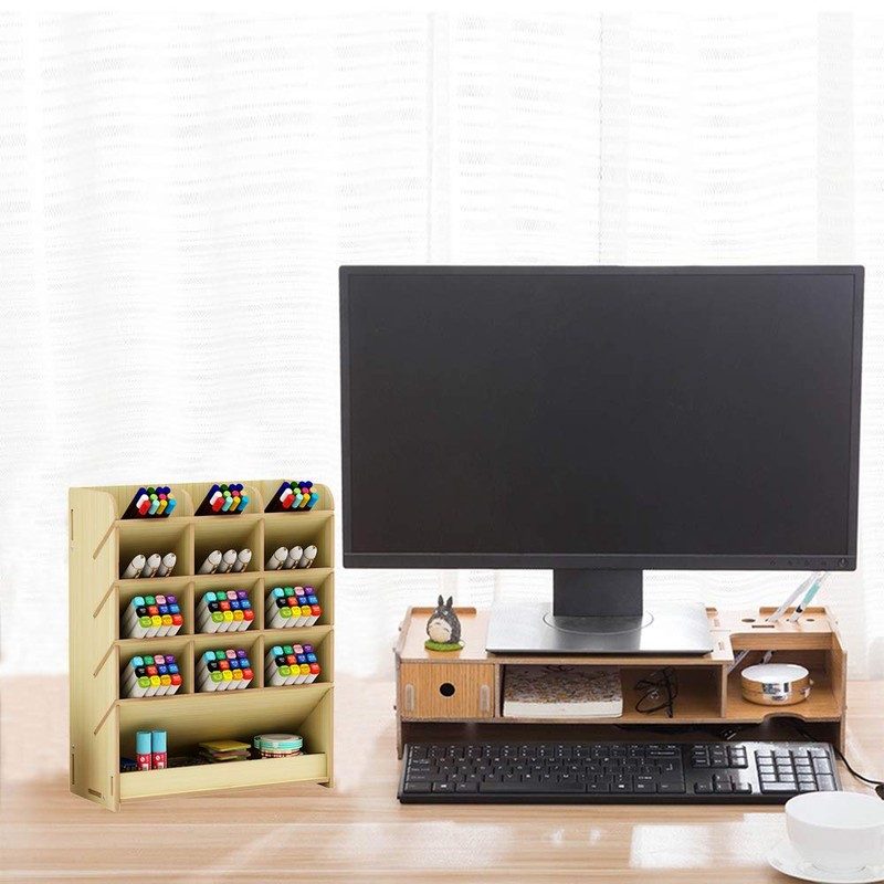 Wooden Pen Holder Storage Box Multifunctional Desk Organiser for Home