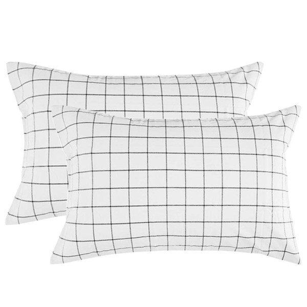Nanko Grid Bed Pillow Case Set (2 Pack), White Grid Plaid Geometric Pattern Printed Pillowcases/Pillow Shams for Modern Duvet Cover/Bed Sheets Set- 20x30 inch Standard Queen Size