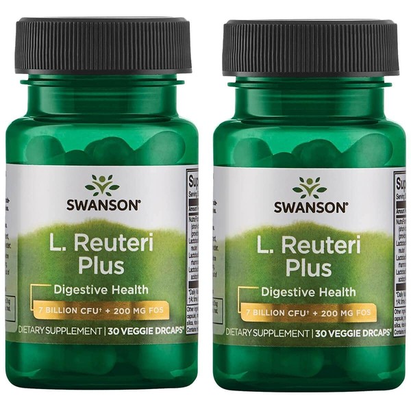 Swanson L. Reuteri Probiotic Plus w/L. Rhamnosus L. Acidophilus & FOS Prebiotic Digestive Support - Promotes Gut Health w/ 7 Billion CFU per Capsule - (30 Veggie Capsules) 2 Pack