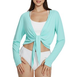 BALEAF Women's Beach Cover Up Sun Protection Cropped Lightweight Tie Front Summer Cardigan Sun Wrap Long Sleeve SPF Sun Shirts Outdoor Green L