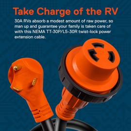 True Mods 15 ft 125V 30 Amp RV Shore Power Extension Cord [NEMA TT-30P L5-30R] [Screw-In Twist Lock] [LED Light] [ETL] 30A 10 AWG 3 Prong Copper Wire Locking Electrical Cable for Travel Trailer Camper