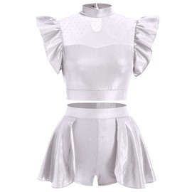 Women Two Piece Dance Outfit Shiny Metallic Dancewear Flutter Sleeve Crop Tops Skirted Shorts Set Ballet Ice Skating Jazz Hip Hop Stage Performance Festival Rave Outfits Party Cosplay Silver XL