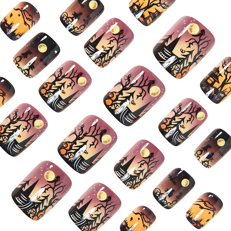 Halloween Press On Nails Short Square Fake Nails Acrylic Nails