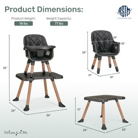 Dream On Me Luna 4-in-1 Convertible Baby High Chair in Black, Transforms into Booster, Toddler Seat & Table Set, Adjustable and Removable Tray Portable High Chair