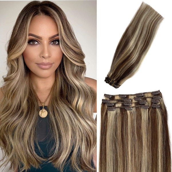 Clip in Hair Extensions Real Human Hair, Licoville Hair Extensions Brown with Blonde Human Hair Clip in Extensions 18 Inch Double Weft Straight Blonde Highlights Hair Clip ins 70grams 7pcs