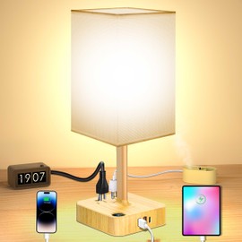 cozoo USB Bedside Table Desk Lamp with 3 USB Charging Ports and 2 AC Outlets,Dimmable Nightstand Lamp with Charger Base White Fabric Shade, LED Light Lamp for Bedroom/Nightstand/Living Room