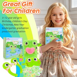 Pinkgarden Frog Gifts for Girls Age 5-12, Plush Toy with Lockable Diary, Headband, Eye Mask, Pen, Keychain & Stickers,Cute Frog Set for Kids Birthday or Christmas