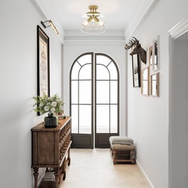 VONLUCE Semi Flush Mount Ceiling Light, 3-Bulb Gold Ceiling Light Fixture with Clear Glass Shade, 13.8" Industrial Ceiling Light Fixture for Hallway Foyer Kitchen Entryway Bedroom, E26 Base