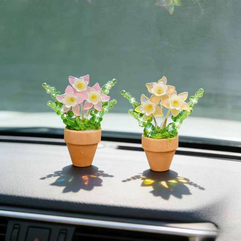 2 Pcs Cute Handcrafted Flower Car Ornament, Mini Crystal Beads