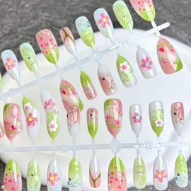 Summer Flower Fake Nails Medium Almond Green French Press on Nails Almond With Pearl Design Floral Grass Glue on Nails for Women Glossy Full Cover Acrylic Nails Spring Summer Nail Art Supplies