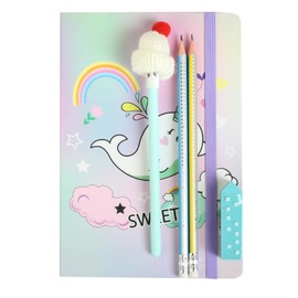 Emartbuy Cool Stationery Unique Gift Set with A5 Notebook Journal Gel Pen Pencils Eraser in Ribbon - Sweet