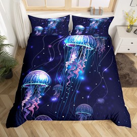 Jellyfish Comforter Cover,Trippy Jellyfish Duvet Cover for Kids Boys Girls,Purple Galaxy Starry Sky Bedding Set Single,Coastal Animal Quilt Cover with 1 Pillow Sham Zipper&Ties Soft