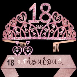 HnoonZ 18th Birthday Pink Tiara,18th Birthday Sash,18 and Fabulous,18th Birthday Decoration for Girls,18th Birthday Crown,18th Birthday Party Supplies