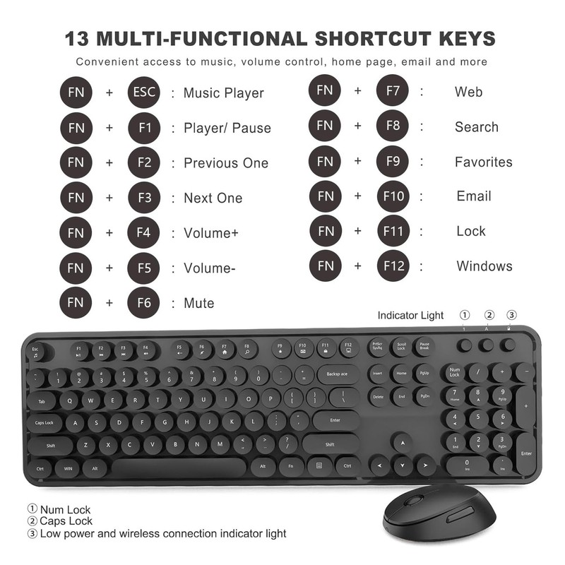 Wireless Keyboard and Mouse Combo, Retro Typewriter Style Keyboard with