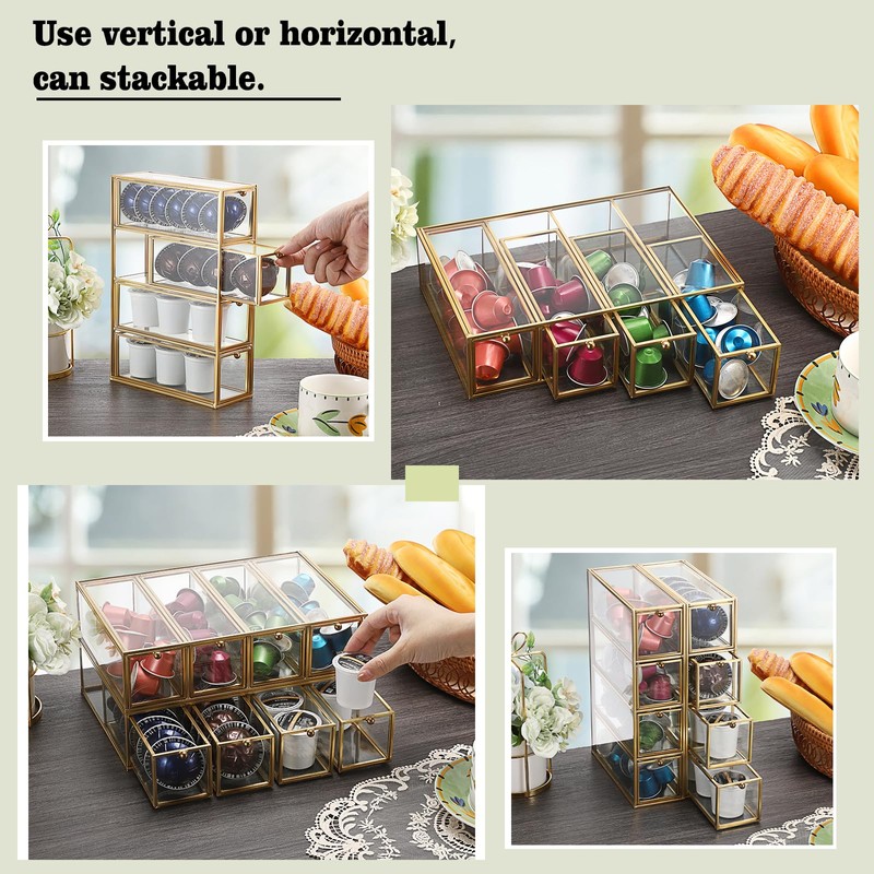 ELLDOO Coffee Pod Holder with 4 Drawers, Gold Glass Coffee