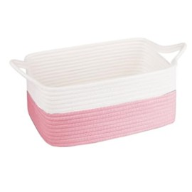 OIAHOMY Small Woven Basket with Gift Bags and Ribbons, Gift basket Empty for Baby, Storage Basket with Cat Ear Handles for Shelf Living Room Bathroom ,Dog Toy Basket for Pets, Pink & White