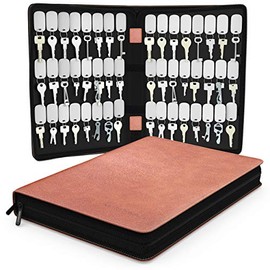 Portable Zippered Key Case, Leather Key Organizer Key Binder, 48 Velcro Key Tags, Portable Manager & Landlord Key Holder Book, Zipper Key Case Box for Real Estate Sales, Hotels, Car Service (Brown)