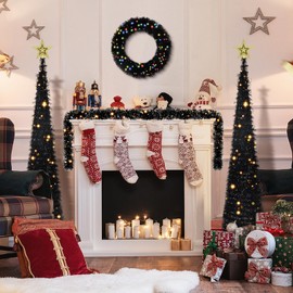 Christmas Decorations 4 Pieces Set, Garland, Wreath and 2 Pop Up Christmas Tinsel Trees with Lights and Tree Toppers for Holiday Home Party Indoor Fireplace Xmas Decor (Black)