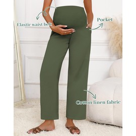 Huukeay Women's Cotton Linen Maternity Pants, High Waisted Lounge Pregnancy Pants Over The Belly Trousers with Pockets(Olive Green,Large)