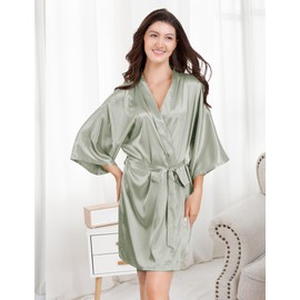 EPLAZA Women Silky Satin Robe Wedding Bridal Party Bride Bridesmaid Robes Kimono Loungewear Dressing Gowns, Grass Green, Large-X-Large
