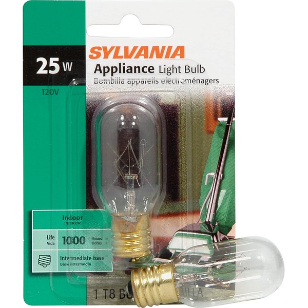 SYLVANIA 25W Appliance Tubular Incandescent T8 Bulb, 230 Lumens, Clear, 100 CRI, 2850K, Warm White - 1 Pack (18360)