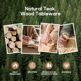 Cucharas de Madera para Cocinar, Juego de Utensilios de Cocina Teca de 7 Piezas con 7 Ganchos, Espátula de Cocina, Colador, Tenedor de Ensalada, Cuchara de Ensalada, para Cocina y Restaurante