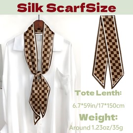 Deokke Head Hair Scarf Neck Silk Feeling Scarves Long Thin Satin Fashion Handbag Cute Decoration Women Girls 59 * 6.7''-Brown Checkered