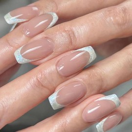 Coffin Press on Nails Short Fake Nails White French Tip Nails Press ons Glossy Glue on Nails Nude Acrylic Nails Daily Wear Natural False Nails Artificial Stick on Nails for Women 24Pcs