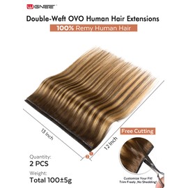 WIGNEE 12 Inch Double Invisible OVO Highlight Honey Blonde Human Hair Extensions 2 PCS,No Glue Hair Weft with Holes,Trimmable & Reusable 13 Inches Width Wefts for Short/Thin Hair,Salon Quality (T4/27)