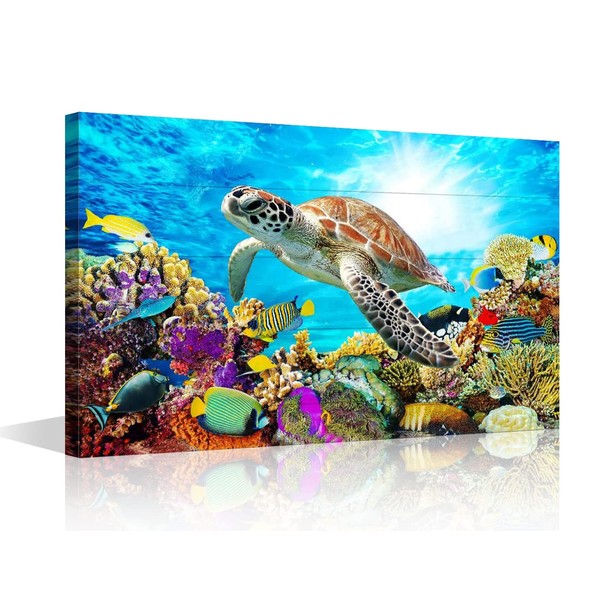 Sea Turtle Pictures Canvas Wall Art for Bathroom Living Room Prints Ocean Sea Life Colorful Fish Artwork Home Decor with Frame Ready to Hang 12x18inch (30x45cm)