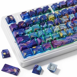 JOMKIZ Starry Night V5 PBT Keycaps 128 Keys Cherry Profile Van Gogh Art Keycaps Set Five Side Dye Sublimation Shine Through Side Print for Mechanical Keyboard 60% 65% 75% 100% MX Switches