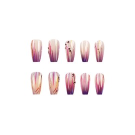 SINHOT Coffin Press on Nails Medium - Purple Aurora Rhinestones Ballerina Nail Art, DIY Fake Nails with Glossy Glue on Nails, Design Full Cover Press on Nails 24pcs