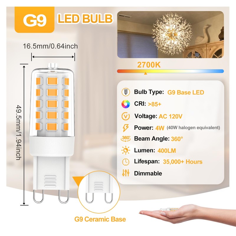 G9 LED Bulb Dimmable, 2700K Warm White, T4 Chandelier Light