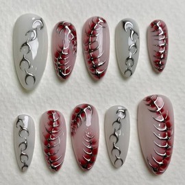 Long Press on Nails Almond False Nails Simple Style Stick on Nails Full Cover White Red with Irregular Lines Fishbone Designs Fake Nail Acrylic Glue on Nail Daily Salon Manicure Decoration for Women