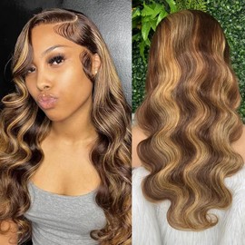 FOTUKIL Highlight Lace Front Wig Human Hair Ombre 13x4 Body Wave Lace Front Wigs 180% Density Honey Blonde Wear and Go Glueless Pre Cut Hd Lace Frontal Wigs Human Hair for Women 4/27 Colored 22 Inch