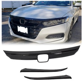 HECASA Front Grille Cover Compatible with 2018 2019 2020 Honda 10th Accord Sedan 4DR W/Eyelid Cover Molding Trim Lip Bumper Glossy Black (3 PCS)