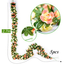 VINFUTUR 5Pcs 44ft Artificial Rose Garlands, 225 Heads Double Colors Fake Rose Flower Vine Hanging Garlands for Outdoor Indoor Wedding Arch Wall Garden Decoration (Champagne)