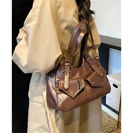 Y2K Retro PU Leather Shoulder Bag Women Large Tote Crossbody Handbag Rivet Buckle Decor Adjustable Strap, Brown