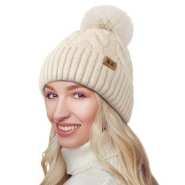 MIYING Winter Hats Women Knitted, Fleece Lined Winter Beanies for Women with Pom Pom Warm Thick Beanie Hats Tuque Femme Hiver Black