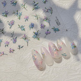 2Sheets Metallic Nail Art Stickers, Decorative Aurora Flower Butterfly Nail Decals Embossed Manicure Sticker Decoration Accessories for Women Girls (Auroral Butterfly Leaf)