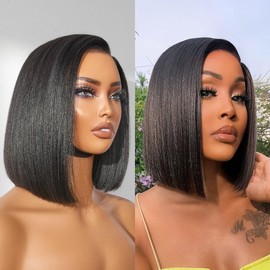 LUVME HAIR Bob Wig 100% Human Hair Wigs Glueless Lace Front 10 Inches 200% Density Yaki Straight Bob, Pre Cut Plucked Hd Lace Short Wig Wear And Go Natural Color Straight Bleached Knots Side Part Wigs