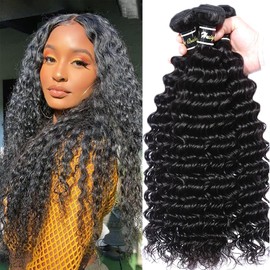Deep Wave Bundles Human Hair 26 28 30 Inch Human Hair Weave 3 Bundles 12A Grade Unprocessed Human Hair Extensions Natural Black