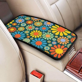THOEWONG Abstract Hippie Flower Car Armrest Box Cover Cushion Pads for Women,Soft Surface Auto Center Console Lid Cover,Universal Fit for Most Cars,Trucks,Van