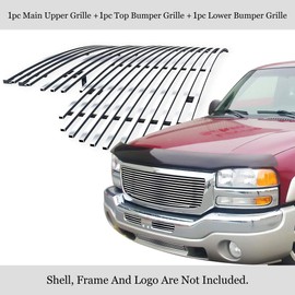 APS Premium 304 Stainless Steel Chrome Horizontal Billet Grille Grill Insert Combo Compatible with GMC Sierra 2500 03 04 & 03-06 1500 2500 HD 3500 & 07 Classic Main Upper Top Lower Bumper N19-S69776G