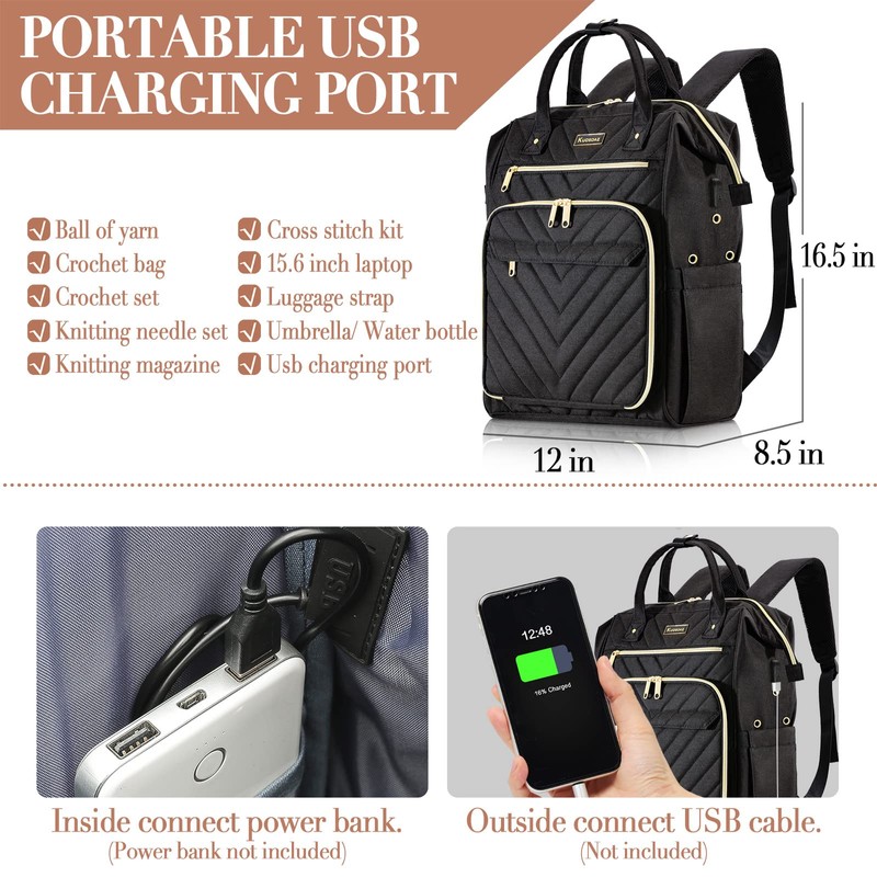 Knitting Bag Backpack, Yarn Organizer with USB Charging Port, Quilted