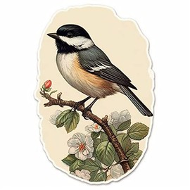 Yoonek Graphics Massachusetts Black-Capped Chickadee Bird Mayflower Flower Vinyl Decal Sticker for Car, Laptop, Tumbler, More. #008708-4"