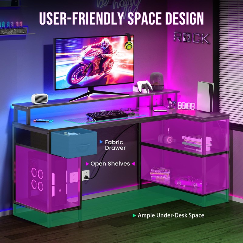 DUMOS Gaming Desk, Monitor Stand, LED Lights, Storage Shelves